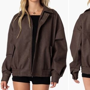 Edikted Brown Bomber Jacket with Oversized Fit and Classic Collar